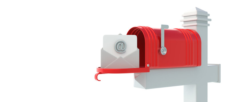 Incoming email. Red retro mailbox open isolated on white background, copy space. 3d illustration