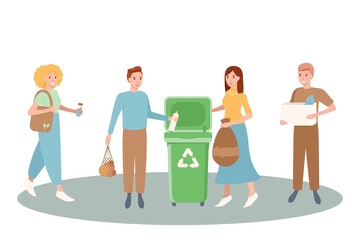 Set of happy men and women sorting and recycling and reuse the garbage. Zero waste concept. Bundle of cute funny people putting rubbish in trash bins, dumpsters or containers. Flat vector illustration