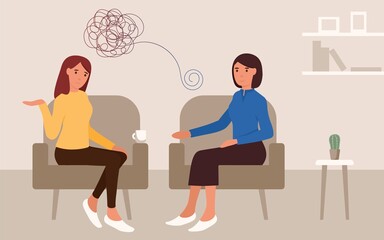 Mental treatment problems psychology concept. Young woman talking with a psychologist. Doctor help pattient. Psychological counseling and therapy. Couch consultation. Vecotor flat illustration.
