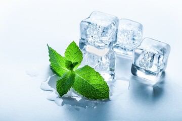 Top view of mint leaves with ice cubes and water drops on pastel background
