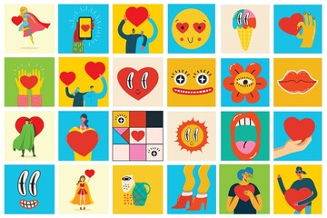 Set of vector posters or event banner. Couple on the background of the heart. Valentine's day posters, valentines with abstract, geometric background.