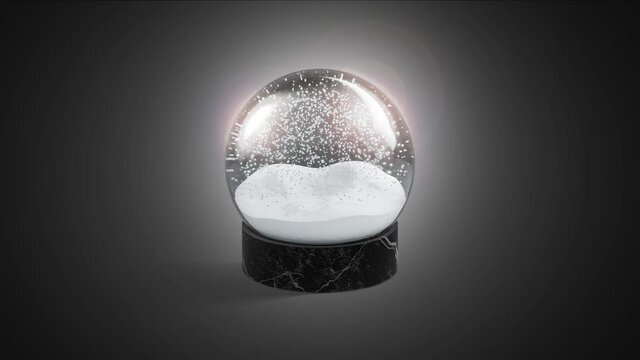 Blank glass snowglobe with snowfall mockup, looped motion, dark background