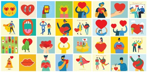 Share your Love. Hands and people with hearts as love massages. Vector illustration for Valentine's day in the flat style