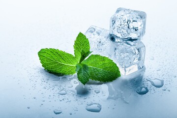 Top view of mint leaves with ice cubes and water drops on pastel background