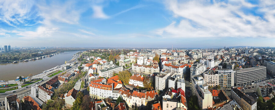 City skyline in the foggy morning, Belgrade, Serbia. Panorama of  the old and New Belgrade with river Sava and Danube, morning view of capital of Serbia. Drone  view
