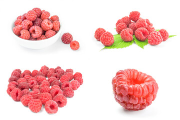 Collection of juicy raspberry close-up on white