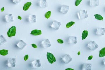 Top view of mint leaves with ice cubes and water drops on pastel background