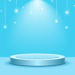 Make a wish. Illustration with falling stars. Dream 3d design concept.  Product podium. Blue starry background. Sale vector banner.  Retail display stand. Winner pedestal. Winter, spring promo stage.