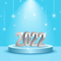 New year 2022. Greeting card with blue background. Calendar cover. Congrats eve celebration banner. 3d 2022 numbers. Volumetric letters. Falling stars on light blue sky.   