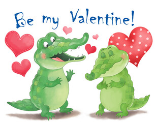 Valentine's Day greeting card. Cute animals. Two happy crocodiles. Poster. Funny cartoon characters isolated on white background.