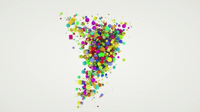 Animation of a countdown counter from 10 to zero on a white background. Numerous multicolored various geometric shapes, beads, cubes, pyramids form numbers. High quality 4k footage