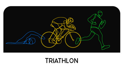 Triathlon. Linear hand drawn athletes. Competition in swimming, cycling and running. Vector illustration