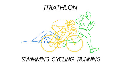 Triathlon. Linear hand drawn athletes. Competition in swimming, cycling and running. Vector illustration