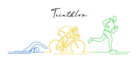 Triathlon. Linear hand drawn athletes. Competition in swimming, cycling and running. Vector illustration