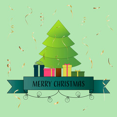 Christmas tree with gifts on a light green background