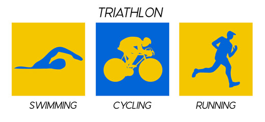 Triathlon. Silhouettes of athletes. Competition in swimming, cycling and running. Vector flat illustration