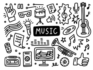 Music doodle line set school university. Outline subject.