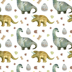 dinosaur pattern,diplodocus,triceratops,dinosaur egg,footprints and stones,seamless watercolor pattern for children,for printing on fabric or paper