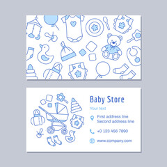 Baby store discount card outline design template. Thin line visit identity on white background. Kids clothing, toys, diaper, furniture. Business contact, mobile phone, web vector illustration.