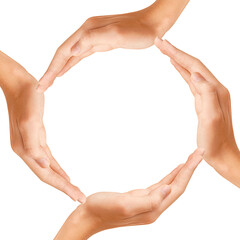 Team work concept. Circle of hands isolated on a white background. Close-up.
