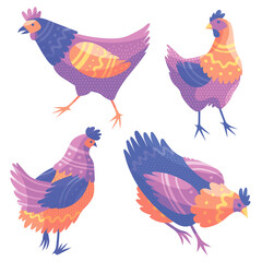 Cartoon farm birds vector  illustration. Hens, roosters, chickens vector set. Flat design print.