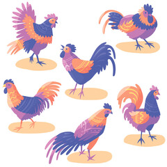 Cartoon farm birds vector  illustration. Hens, roosters, chickens vector set. Flat design print.