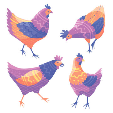 Cartoon farm birds vector  illustration. Hens, roosters, chickens vector set. Flat design print.