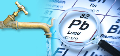 Presence of lead in drinking water - concept with the Mendeleev periodic table and old water brass...