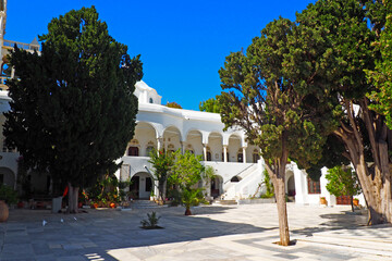 superb Panaghia Evangelistria cathedral overlooking Tinos, famous Cyclades island, in the heart of the Aegean Sea