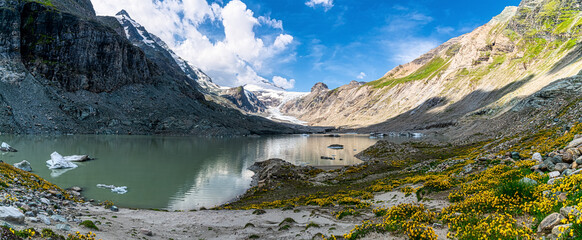 Pasterze Glacier lake with Johannisberg summit and Pasterze glacier, Hohe Tauern National Park,...