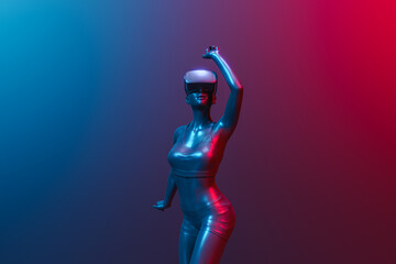 3d girl dancing with virtual reality goggles and neon illumination