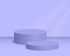 Round purple podiums. Empty pedestal mockup in trendy very peri colors for product presentation. Clean cylindrical showcase platform. Vector realistic illustration in minimalism style.