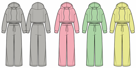 Womans sport suits, crop hoodie and wide pants, colored variants