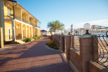 Outdoor empty coffee and restaurant terrace with chairs