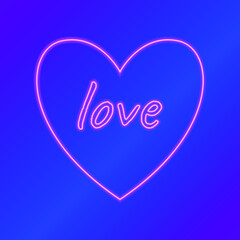vector illustration of a neon pink heart with the text love