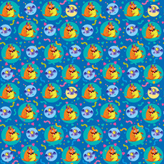 Seamless pattern with funny cartoon monsters in a festive style on a blue background. Illustration in children's style, birthday. Funny alien, alien. Children's print for textiles, print design