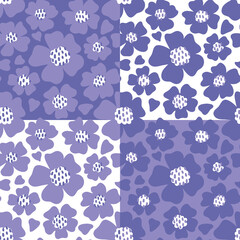 Cute floral delicate print in fashionable lilac shades. A set of vector seamless patterns. Large simple flowers with a white horse, flying petals. Simple minimalistic style