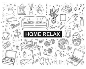 Collection Working from home. Stay-at-Home. Work in quarantine. Set home elements. Home relaxation, beauty procedures, routine. Vector illustration in doodle style. Freelance. day off