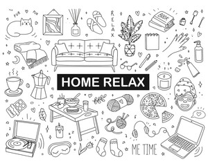 Collection Working from home. Stay-at-Home. Work in quarantine. Set home elements. Home relaxation, beauty procedures, routine. Vector illustration in doodle style. Freelance. day off © Viktoria Tom