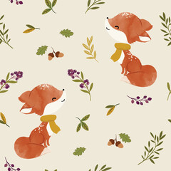 Cute little fox with autumn flowers and leaves, seamless pattern design, animal nursery illustration for children. Watercolor boho forest illustration, watercolor, autumn flowers. © StudioLondon