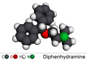 Diphenhydramine, molecule. It is H1 receptor antihistamine used in the treatment of seasonal allergies. Molecular model. 3D rendering