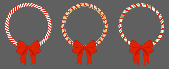 Circle frame candy cane. Red bow Christmas border. Isolated vector illustration, flat style.