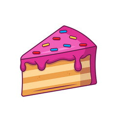 А piece of cake with pink cream and decorative topping. Vector illustration in flat cartoon style.