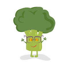 Funny cute cartoon broccoli drawing illustration isolated background Vector. green smiling broccoli.  Healthy food vector concept. Vegetable funky character. Vegan food.