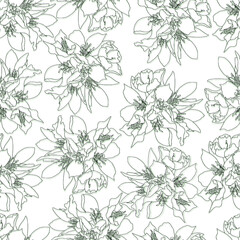 vector seamless pattern flowers with leaves. Botanical illustration for wallpaper, textile, fabric, clothing, paper, postcards