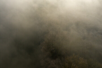 The fog over the countryside and the Loire in Europe, in France, in the Center region, in the Loiret, towards Orleans, in Winter, on a sunny day.