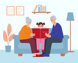 Happy family reading paper book. Grandmother and grandfather read book to girl on sofa. Education, literature, knowledge flat or cartoon vector illustration.