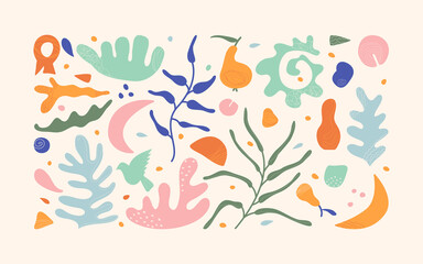 Fototapeta na wymiar Set of color hand-drawn organic shapes in Matisse style. Abstract objects with textures, bird, shell, pear, coral, moon.