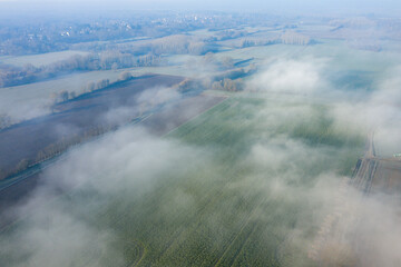 The fog over the countryside in Europe, in France, in the Center region, in the Loiret, towards Orleans, in Winter, during a sunny day.