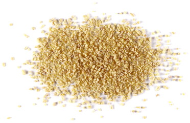 Dry bulgur pile isolated on white background, top view and clipping path